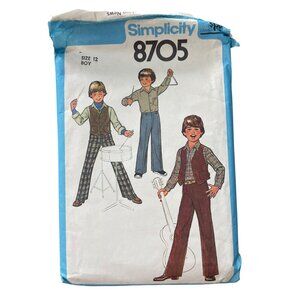 70s Simplicity 8705 Sewing Pattern Size 12 Boys Pants Shirt and Vest 1978 CUT